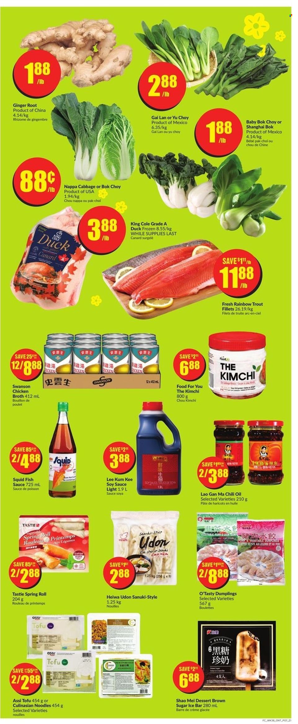 thumbnail - FreshCo. Flyer - January 13, 2022 - January 19, 2022 - Sales products - bok choy, ginger, leek, squid, trout, fish, sauce, dumplings, noodles, tofu, bouillon, cane sugar, chicken broth, broth, fish sauce, soy sauce, Lee Kum Kee, oil. Page 7.