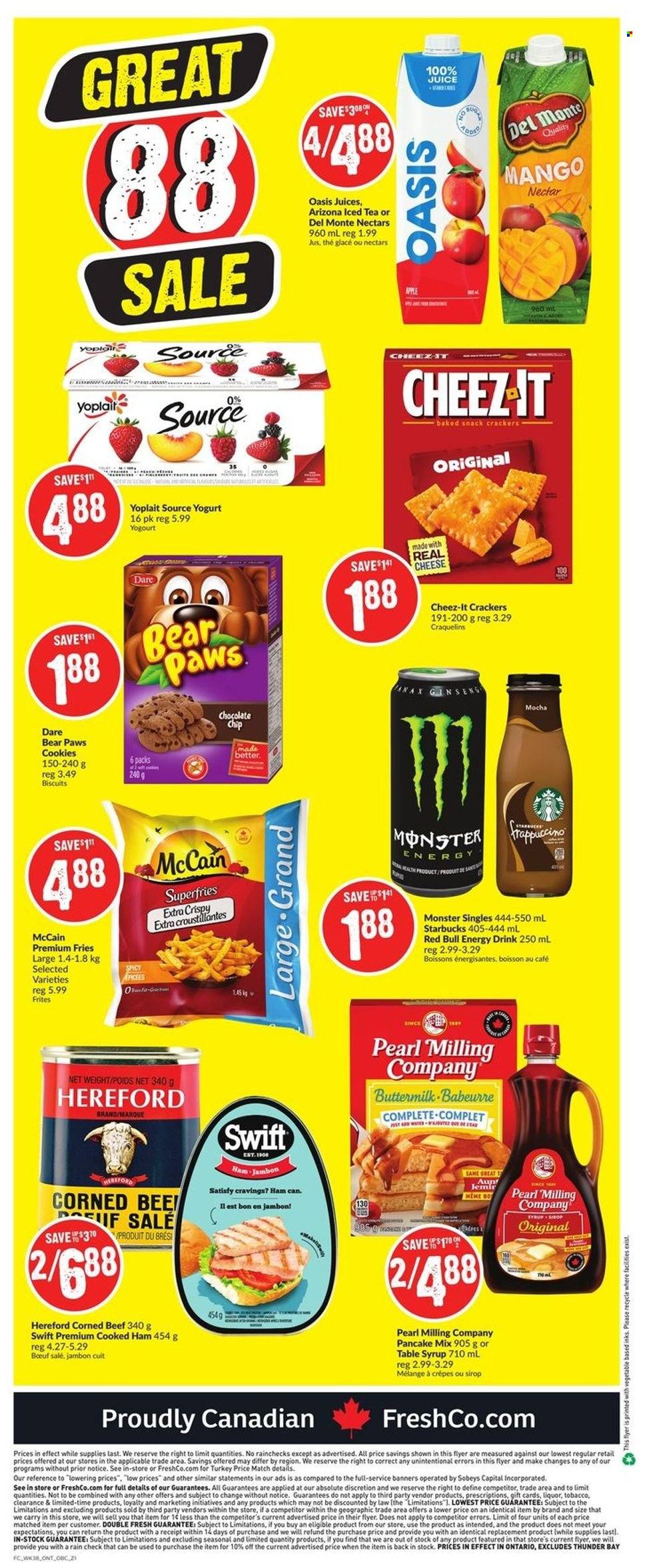 thumbnail - FreshCo. Flyer - January 13, 2022 - January 19, 2022 - Sales products - mango, pancakes, cooked ham, ham, corned beef, yoghurt, Yoplait, buttermilk, McCain, potato fries, cookies, snack, crackers, biscuit, Cheez-It, syrup, juice, energy drink, Monster, ice tea, Red Bull, AriZona, Starbucks, beef meat, ginseng. Page 8.