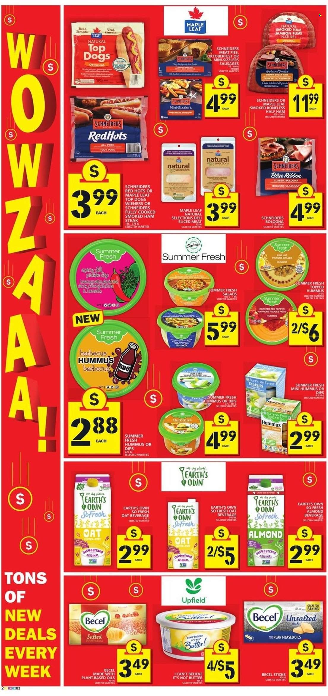 thumbnail - Food Basics Flyer - January 13, 2022 - January 19, 2022 - Sales products - Blue Ribbon, half ham, ham, smoked ham, bologna sausage, sausage, tzatziki, hummus, ham steaks, butter, I Can't Believe It's Not Butter, dip, snack, oats, steak. Page 2.