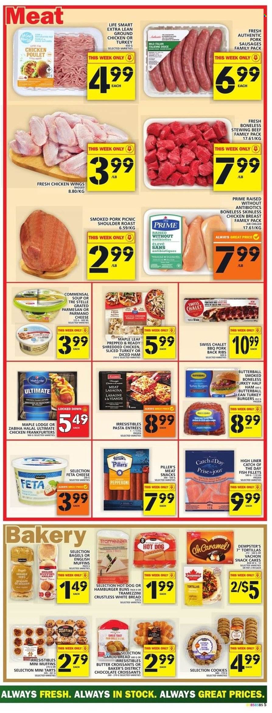 thumbnail - Food Basics Flyer - January 13, 2022 - January 19, 2022 - Sales products - bread, english muffins, tortillas, white bread, cake, croissant, buns, burger buns, fish fillets, fish, hot dog, soup, pasta, lasagna meal, Butterball, sliced turkey, half ham, ham, sausage, pepperoni, parmesan, cheese, feta, chicken wings, cookies, chocolate, snack, ground chicken, chicken breasts, chicken, beef meat, stewing beef, turkey burger, pan. Page 5.