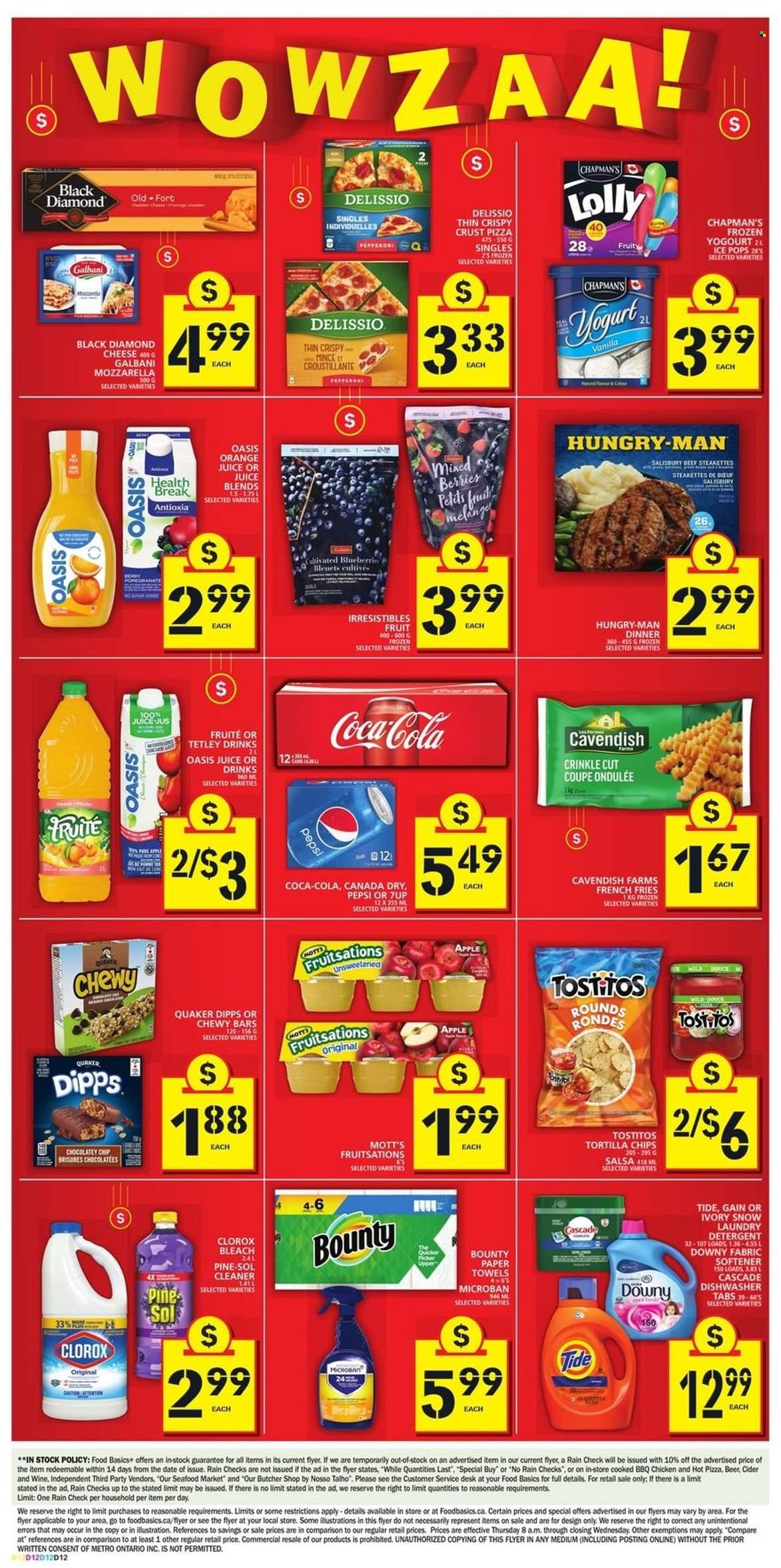 thumbnail - Food Basics Flyer - January 13, 2022 - January 19, 2022 - Sales products - Mott's, seafood, pizza, Quaker, pepperoni, Galbani, potato fries, french fries, Bounty, lollipop, tortilla chips, Tostitos, salsa, Canada Dry, Coca-Cola, Pepsi, orange juice, juice, wine, cider, beer, kitchen towels, paper towels, Gain, cleaner, bleach, Clorox, Pine-Sol, Tide, fabric softener, laundry detergent, Cascade, Downy Laundry, detergent. Page 6.