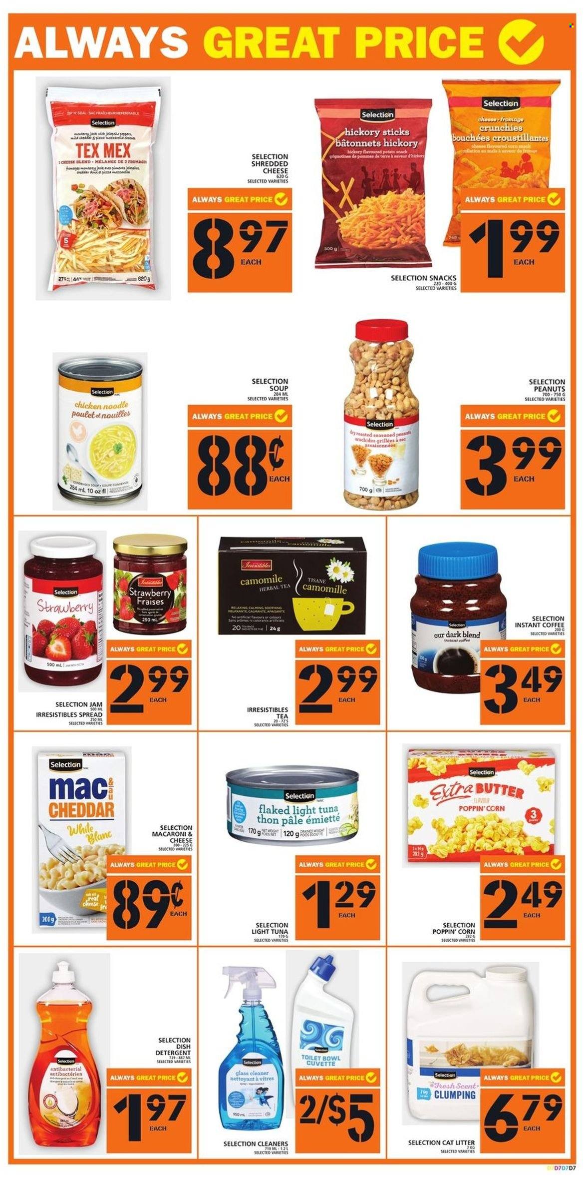 thumbnail - Food Basics Flyer - January 13, 2022 - January 19, 2022 - Sales products - corn, peas, tuna, macaroni & cheese, soup, noodles, shredded cheese, butter, snack, light tuna, fruit jam, peanuts, tea, herbal tea, instant coffee, cleaner, glass cleaner, cat litter. Page 8.