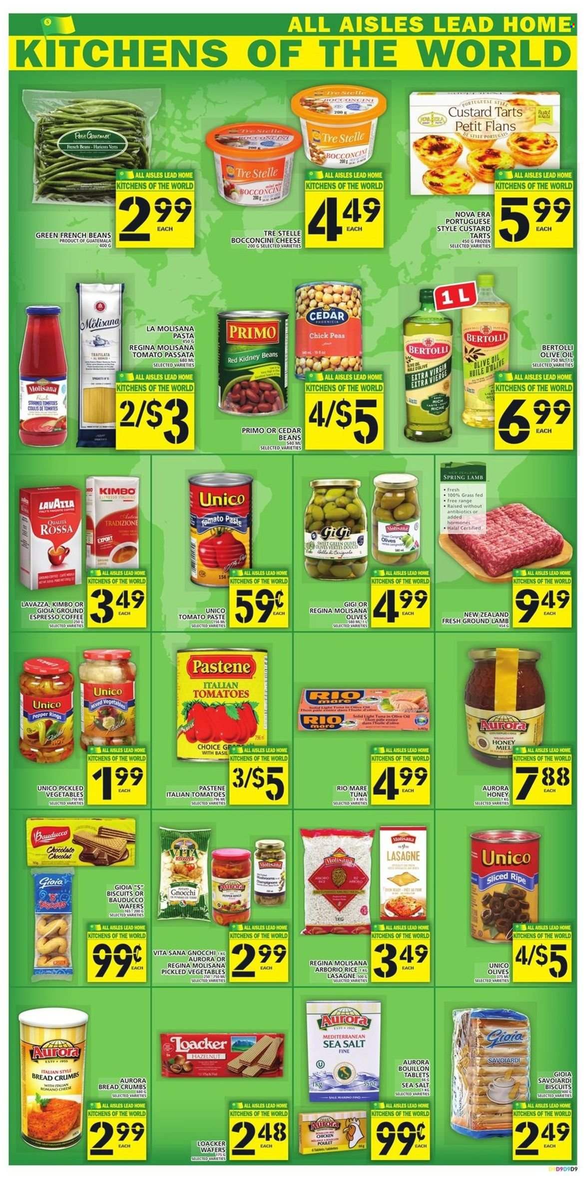 thumbnail - Food Basics Flyer - January 13, 2022 - January 19, 2022 - Sales products - breadcrumbs, french beans, peas, tuna, pasta, Bertolli, bocconcini, cheese, custard, wafers, biscuit, bouillon, sea salt, tomato paste, tomato sauce, kidney beans, rice, esponja, pepper, honey, coffee, Lavazza, ground lamb, lamb meat, N All, gnocchi, olives. Page 10.