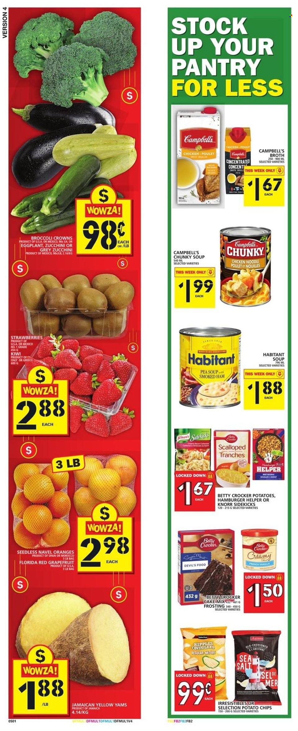 thumbnail - Food Basics Flyer - January 13, 2022 - January 19, 2022 - Sales products - zucchini, eggplant, grapefruits, strawberries, navel oranges, Campbell's, soup, noodles, ham, smoked ham, potato chips, frosting, broth, Knorr, kiwi, chips, oranges. Page 13.