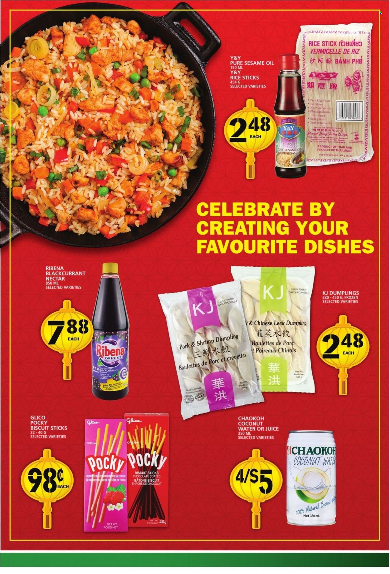 thumbnail - Food Basics Flyer - January 13, 2022 - January 19, 2022 - Sales products - leek, shrimps, pasta, dumplings, chocolate, biscuit, rice, sesame oil, oil, juice, coconut water. Page 3.
