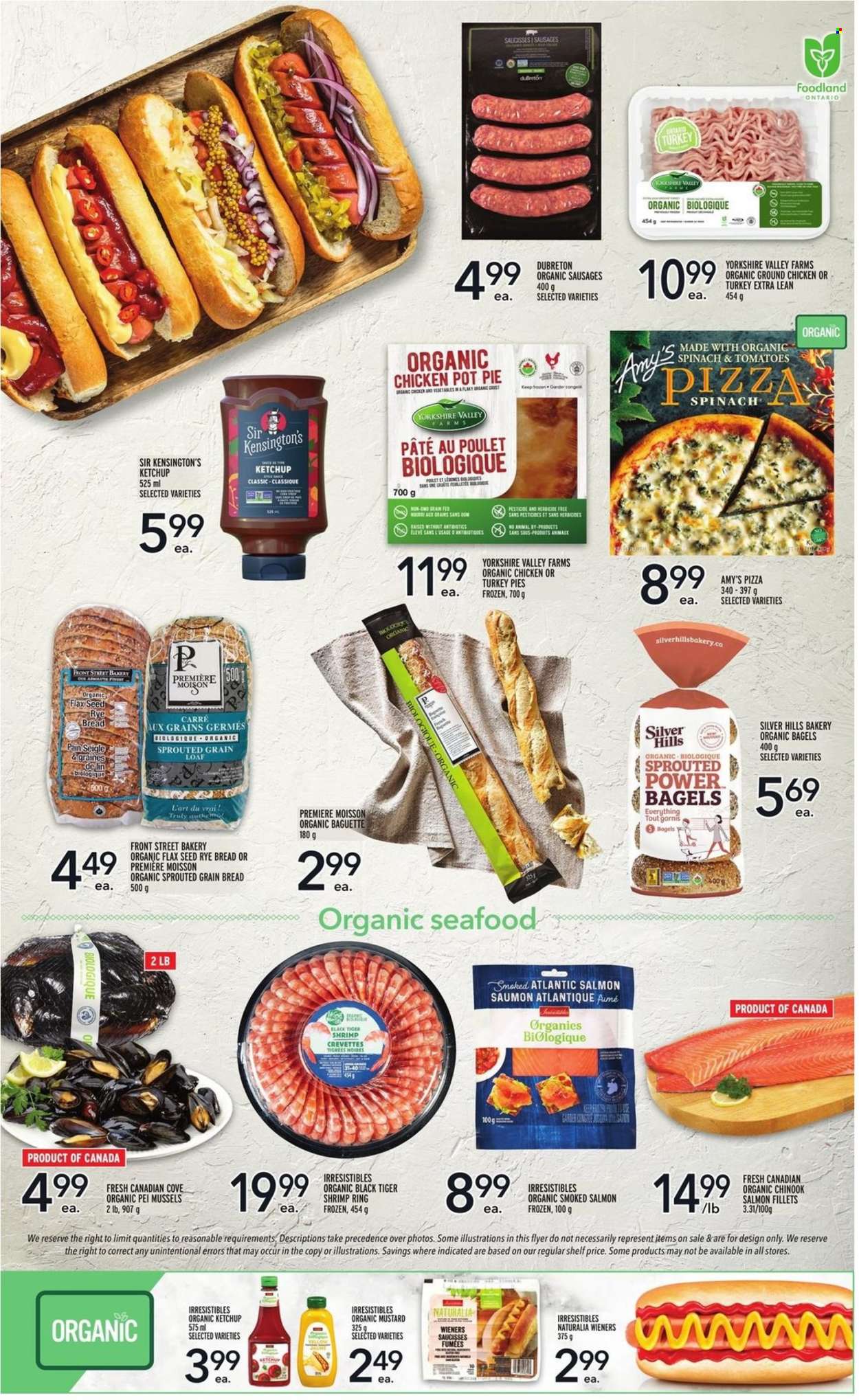 thumbnail - Metro Flyer - January 13, 2022 - January 26, 2022 - Sales products - bagels, bread, pie, pot pie, mussels, salmon, salmon fillet, smoked salmon, seafood, shrimps, pizza, sausage, mustard, TRULY, ground chicken, chicken, Omo, pot, PREMIERE, Hill's, baguette, ketchup. Page 10.