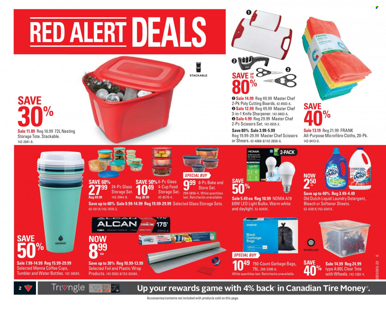 thumbnail - Canadian Tire Flyer - January 14, 2022 - January 20, 2022 - Sales products - bleach, fabric softener, laundry detergent, bag, knife, sharpener, tumbler, drink bottle, knife sharpener, storage container set, Manna, scissors, bulb, light bulb, LED light, storage tote, detergent. Page 2.
