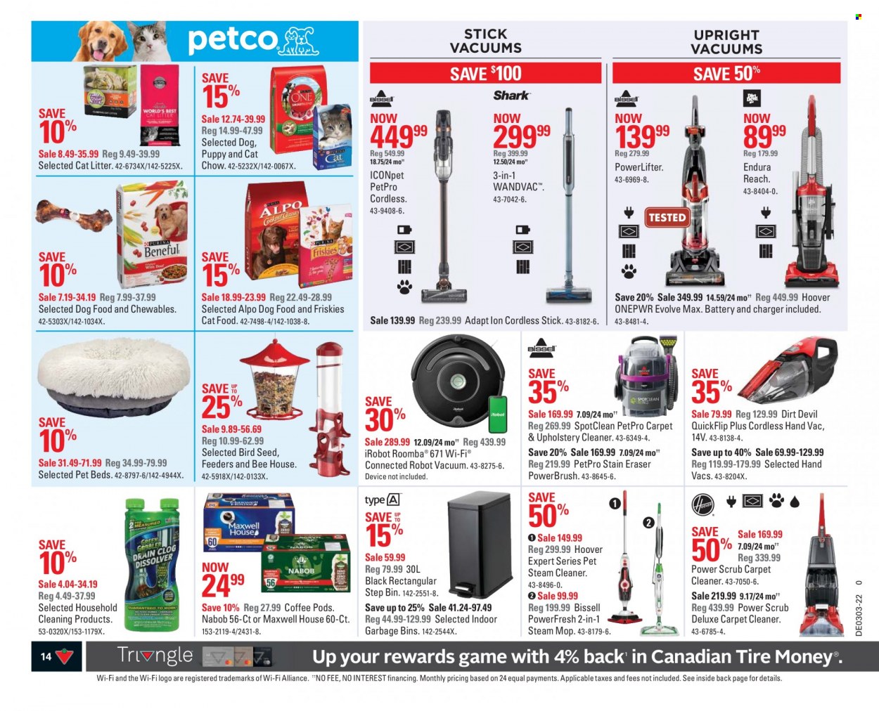 thumbnail - Canadian Tire Flyer - January 14, 2022 - January 20, 2022 - Sales products - cleaner, bin, mop, eraser, cat litter, pet bed, animal food, bird food, cat food, dog food, plant seeds, Friskies, Alpo, Bissell, Roomba, robot vacuum, steam cleaner, bed, iRobot. Page 14.