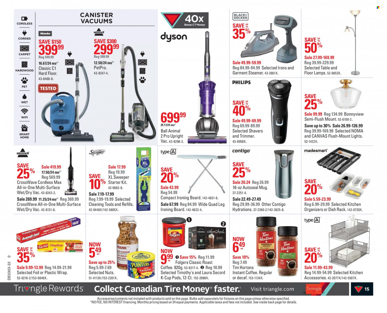 thumbnail - Canadian Tire Flyer - January 14, 2022 - January 20, 2022 - Sales products - ironing board, cleaning tools, canister, mug, dish rack, Contigo, canvas, bulb, vacuum cleaner, garment steamer, trimmer, table, carpet. Page 15.