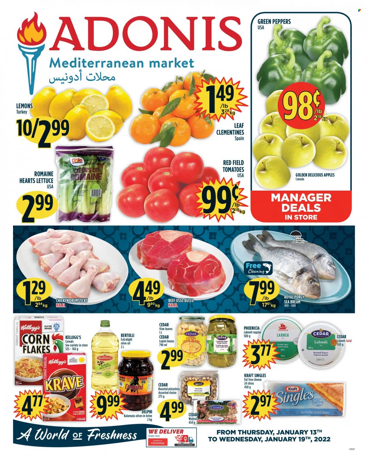 thumbnail - Adonis Flyer - January 13, 2022 - January 19, 2022 - Sales products - beans, tomatoes, lettuce, Dole, peppers, clementines, Golden Delicious, lemons, seabream, Kraft®, Bertolli, sandwich slices, cheese, labneh, Kraft Singles, yoghurt, Kellogg's, cereals, corn flakes, olive oil, oil, walnuts, pistachios, chicken drumsticks, chicken, calcium, olives. Page 1.