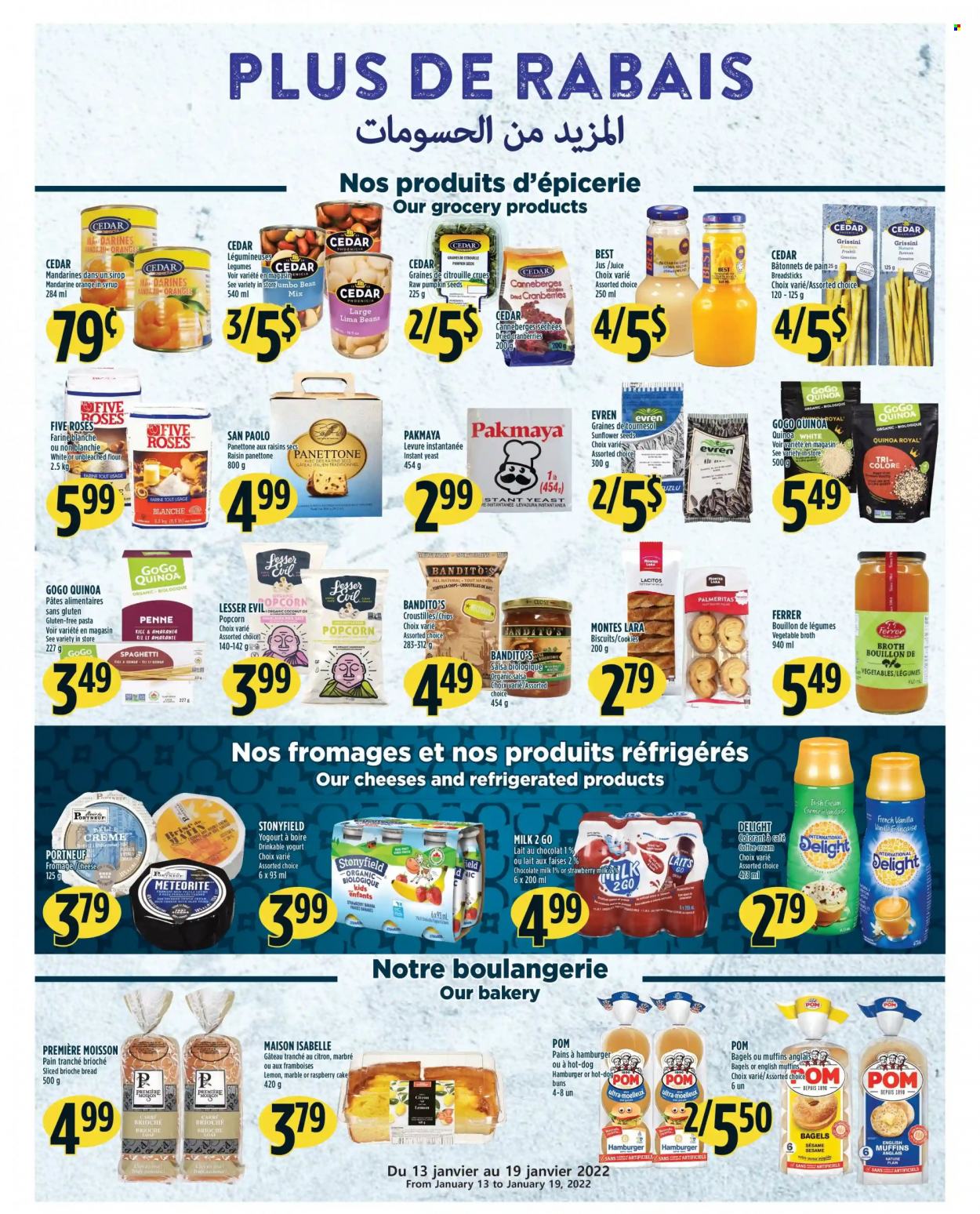 thumbnail - Adonis Flyer - January 13, 2022 - January 19, 2022 - Sales products - bagels, bread, english muffins, cake, buns, brioche, panettone, mandarines, spaghetti, hamburger, pasta, cheese, yoghurt, milk, yeast, lima beans, cookies, milk chocolate, chocolate, biscuit, bread sticks, tortilla chips, popcorn, grissini, bouillon, broth, cranberries, rice, penne, salsa, dried fruit, sunflower seeds, pumpkin seeds, juice, coffee, Rin, PREMIERE, quinoa, raisins, chips, oranges. Page 7.