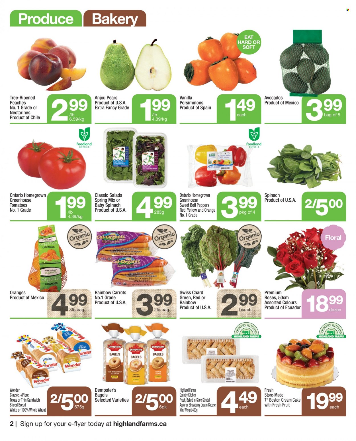 thumbnail - Highland Farms Flyer - January 13, 2022 - January 19, 2022 - Sales products - bagels, bread, cake, strudel, bell peppers, carrots, tomatoes, peppers, avocado, nectarines, pears, persimmons, peaches, sandwich, cheese, oranges. Page 2.