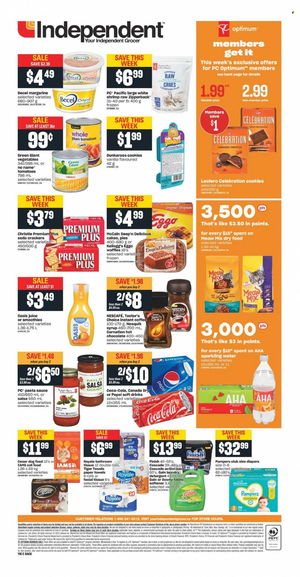thumbnail - Independent Flyer - January 13, 2022 - January 19, 2022 - Sales products - cake, waffles, tomatoes, watermelon, shrimps, No Name, pasta sauce, sauce, Président, margarine, McCain, cookies, truffles, Celebration, crackers, Kellogg's, salsa, syrup, Canada Dry, Coca-Cola, Pepsi, juice, soft drink, soda, sparkling water, hot chocolate, instant coffee, nappies, bath tissue, kitchen towels, paper towels, Gain, fabric softener, laundry detergent, Cascade, Downy Laundry, animal food, cat food, dog food, Optimum, Meow Mix, Iams, Nesquik, detergent, Pampers, Nescafé. Page 2.