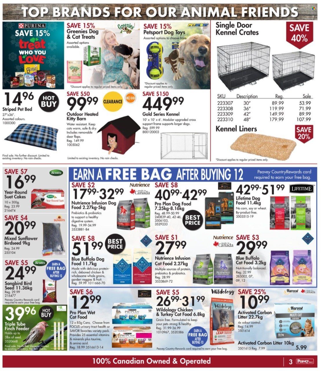 thumbnail - Peavey Mart Flyer - January 14, 2022 - January 20, 2022 - Sales products - pet bed, dog toy, travel dog kennel, Greenies, animal food, bird food, Blue Buffalo, cat food, dog food, suet, PRO PLAN, Purina, plant seeds, suet cakes, wet cat food, sunflower. Page 3.