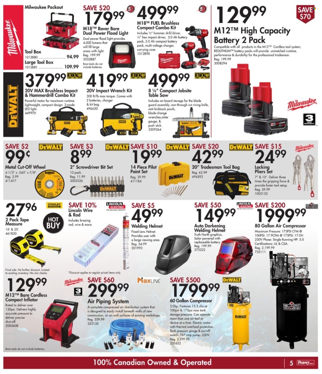 thumbnail - Peavey Mart Flyer - January 14, 2022 - January 20, 2022 - Sales products - knife, bag, Pilot, tank, table, DeWALT, Stanley, floodlight, Milwaukee, drill, impact driver, saw, table saw, screwdriver bits, pliers, tool box, combo kit, air compressor, measuring tape, welding helmet. Page 5.