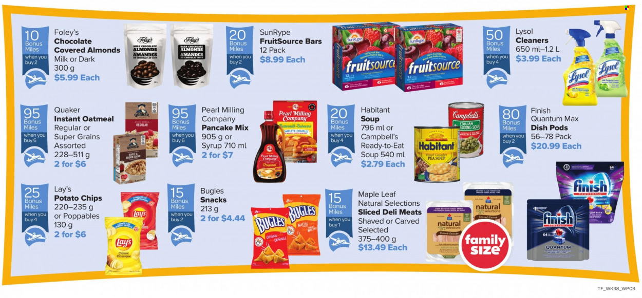 thumbnail - Thrifty Foods Flyer - January 13, 2022 - January 19, 2022 - Sales products - Campbell's, soup, pancakes, Quaker, buttermilk, milk chocolate, snack, dark chocolate, potato chips, Lay’s, oatmeal, Lysol, chips. Page 3.