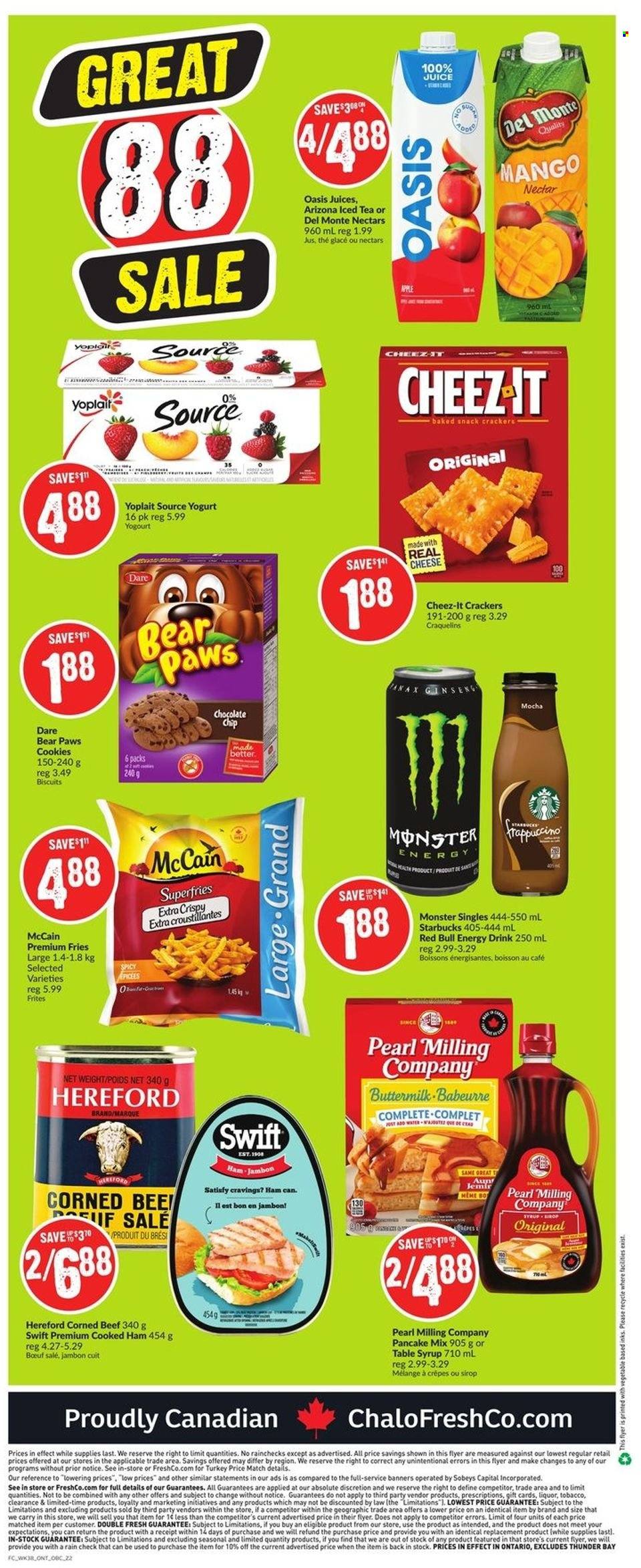 thumbnail - Chalo! FreshCo. Flyer - January 13, 2022 - January 19, 2022 - Sales products - mango, pancakes, cooked ham, ham, corned beef, yoghurt, Yoplait, buttermilk, McCain, potato fries, cookies, snack, crackers, biscuit, Cheez-It, syrup, juice, energy drink, Monster, ice tea, Red Bull, AriZona, Starbucks, beef meat, ginseng. Page 9.