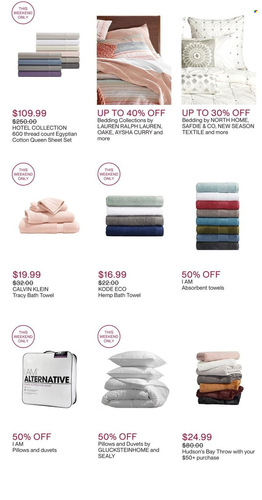thumbnail - Hudson's Bay Flyer - Sales products - Ralph Lauren, bedding, duvet, pillow, queen sheet, bath towel, towel, Calvin Klein. Page 9.