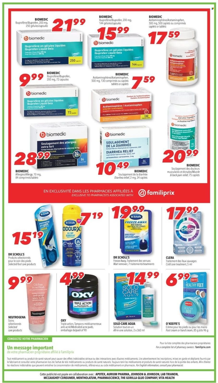 thumbnail - Familiprix Flyer - January 13, 2022 - January 19, 2022 - Sales products - Johnson's, acne pad, tampons, hand cream, anti-perspirant, foot care, pain relief, Ibuprofen, Dr. Scholl's, Neutrogena, deodorant. Page 7.