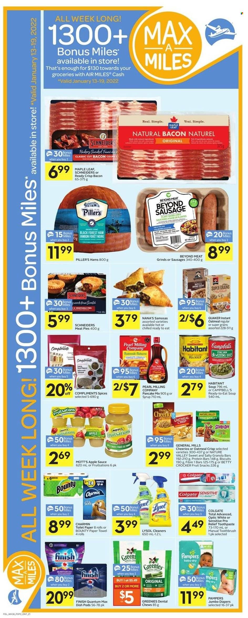 thumbnail - Foodland Flyer - January 13, 2022 - January 19, 2022 - Sales products - Mott's, Campbell's, soup, sauce, pancakes, Quaker, bacon, ham, sausage, Bounty, chewing gum, biscuit, fruit snack, sugar, oatmeal, Cheerios, protein bar, granola bar, Nature Valley, apple sauce, Ron Pelicano, Colgate, Pampers. Page 4.