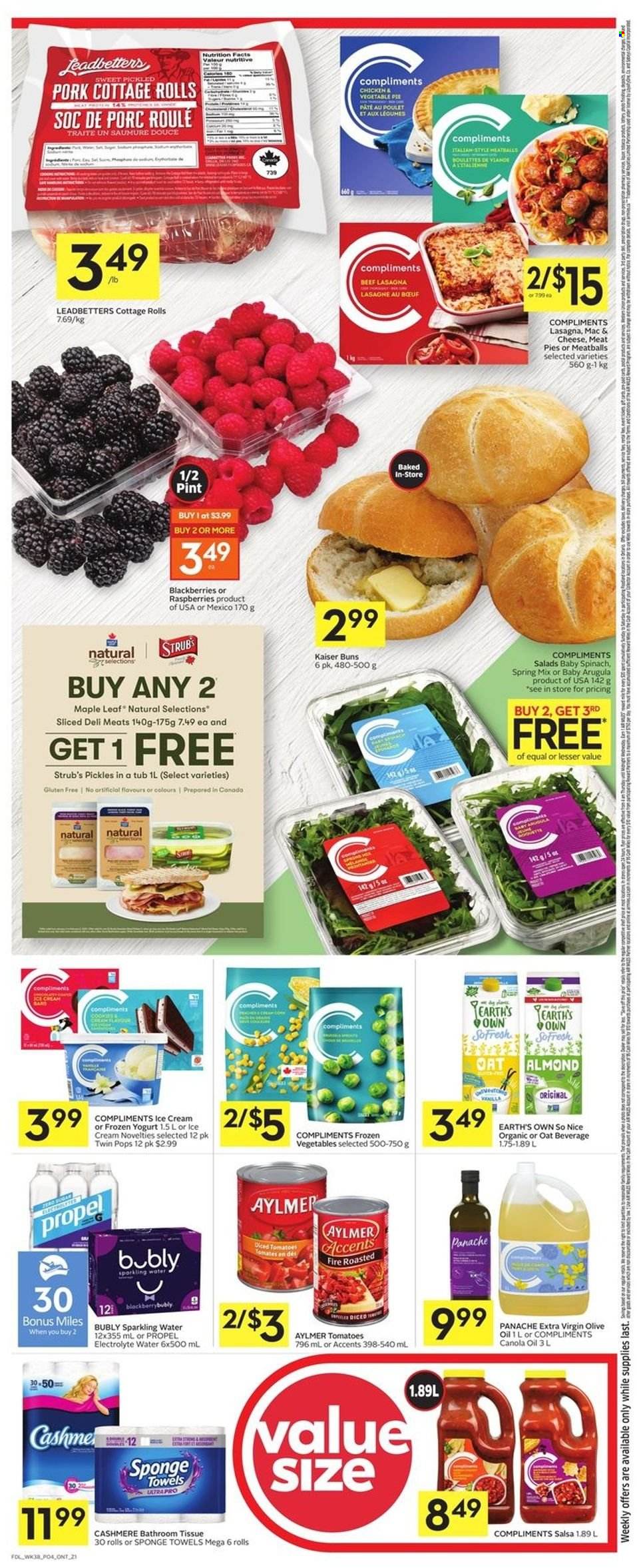 thumbnail - Foodland Flyer - January 13, 2022 - January 19, 2022 - Sales products - pie, buns, arugula, spinach, tomatoes, blackberries, meatballs, lasagna meal, yoghurt, ice cream, frozen vegetables, pickles, salsa, canola oil, extra virgin olive oil, olive oil, oil, sparkling water, So Nice. Page 6.