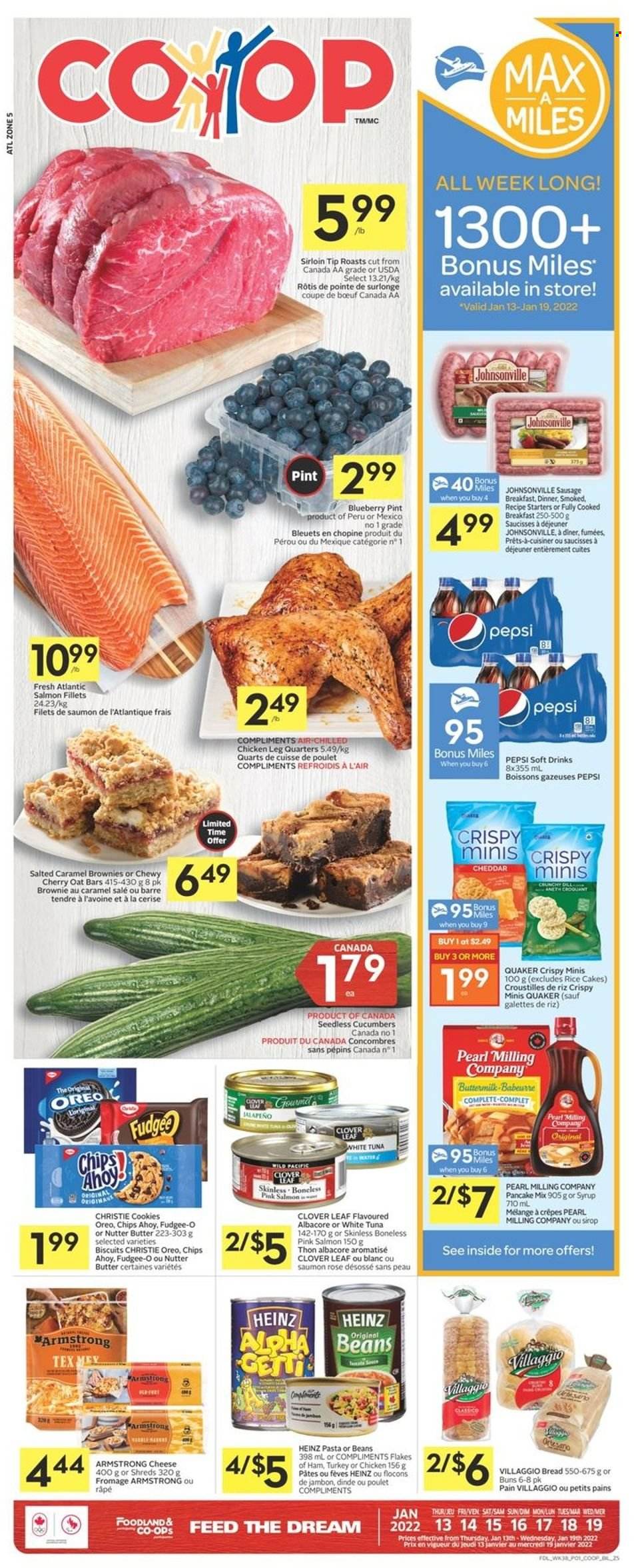 thumbnail - Co-op Flyer - January 13, 2022 - January 19, 2022 - Sales products - bread, buns, brownies, beans, cucumber, cherries, salmon, salmon fillet, tuna, pancakes, Quaker, ham, Johnsonville, sausage, cheese, Clover, buttermilk, cookies, fudge, biscuit, syrup, Pepsi, soft drink, wine, rosé wine, chicken legs, Oreo, Heinz, chips. Page 1.