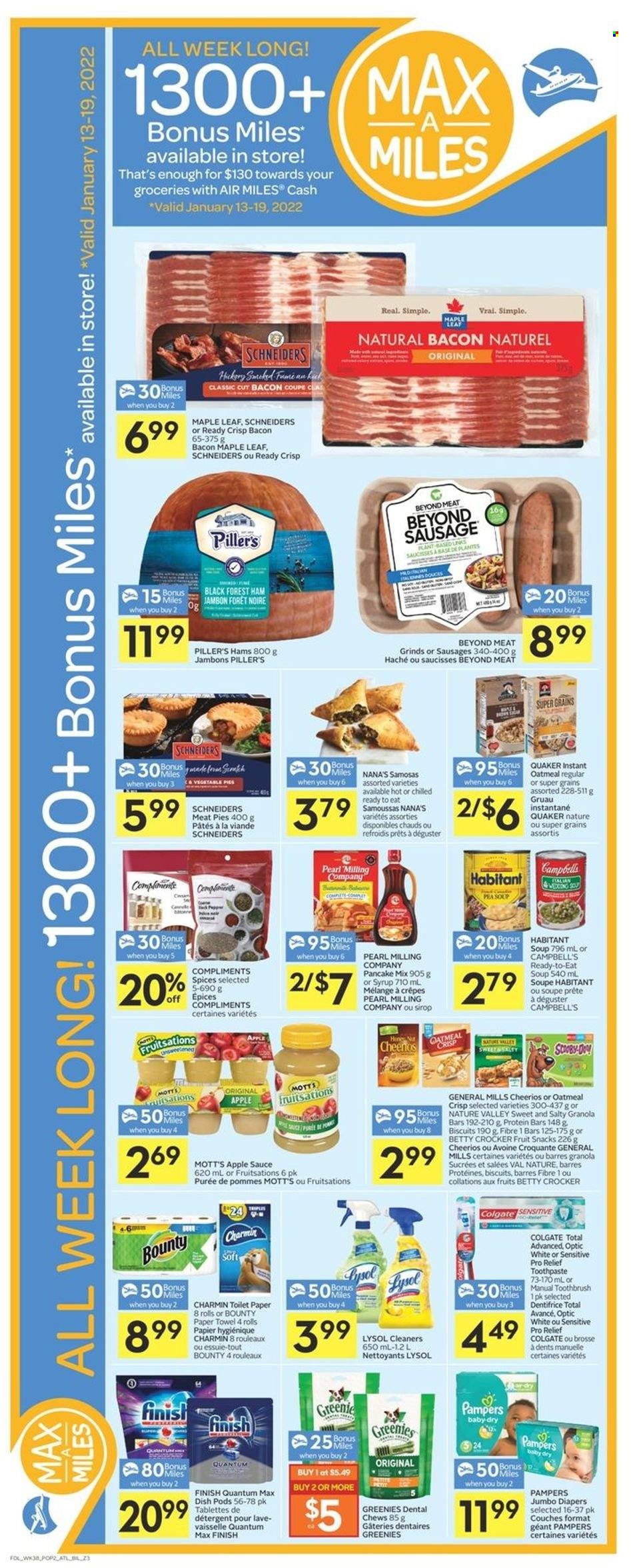 thumbnail - Co-op Flyer - January 13, 2022 - January 19, 2022 - Sales products - Mott's, Campbell's, soup, sauce, pancakes, Quaker, bacon, ham, sausage, Bounty, chewing gum, biscuit, fruit snack, oatmeal, Cheerios, protein bar, granola bar, Nature Valley, apple sauce, detergent, Colgate, Pampers. Page 4.