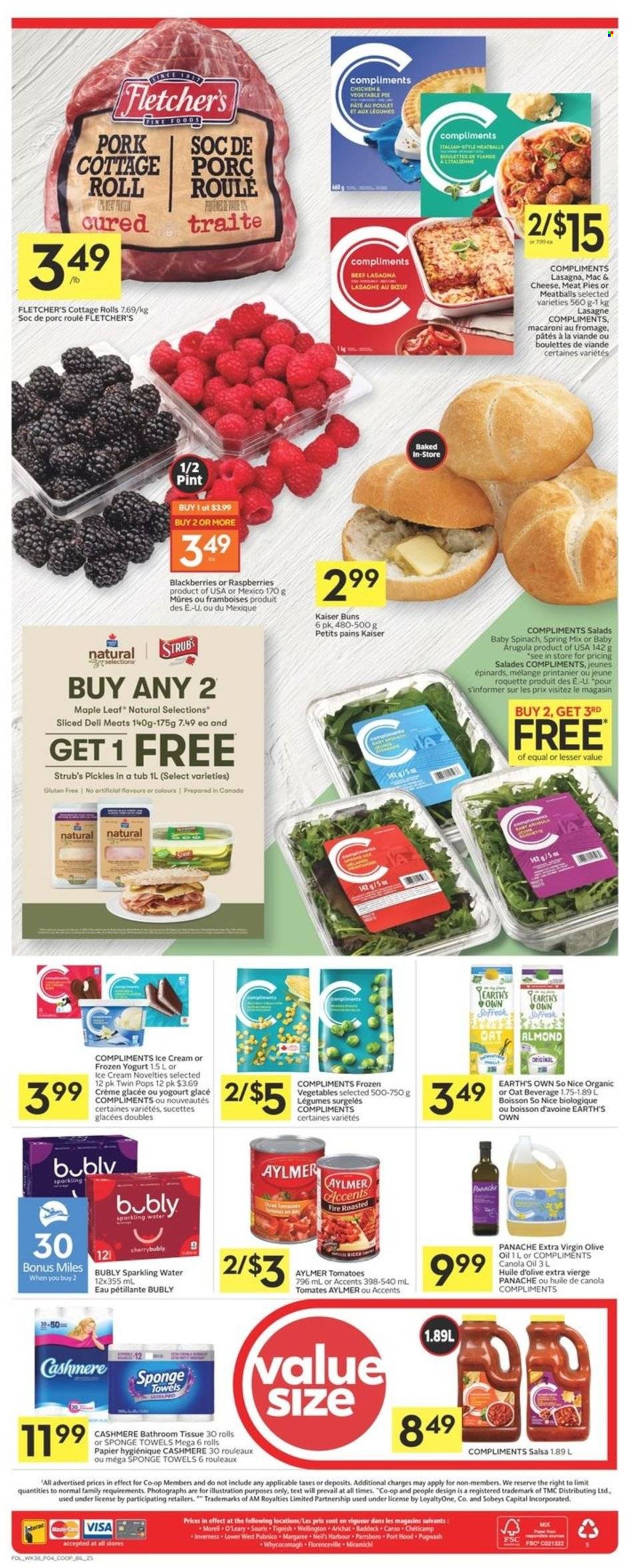 thumbnail - Co-op Flyer - January 13, 2022 - January 19, 2022 - Sales products - pie, buns, arugula, spinach, tomatoes, blackberries, meatballs, macaroni, lasagna meal, yoghurt, ice cream, frozen vegetables, pickles, salsa, canola oil, extra virgin olive oil, olive oil, oil, sparkling water, So Nice. Page 6.