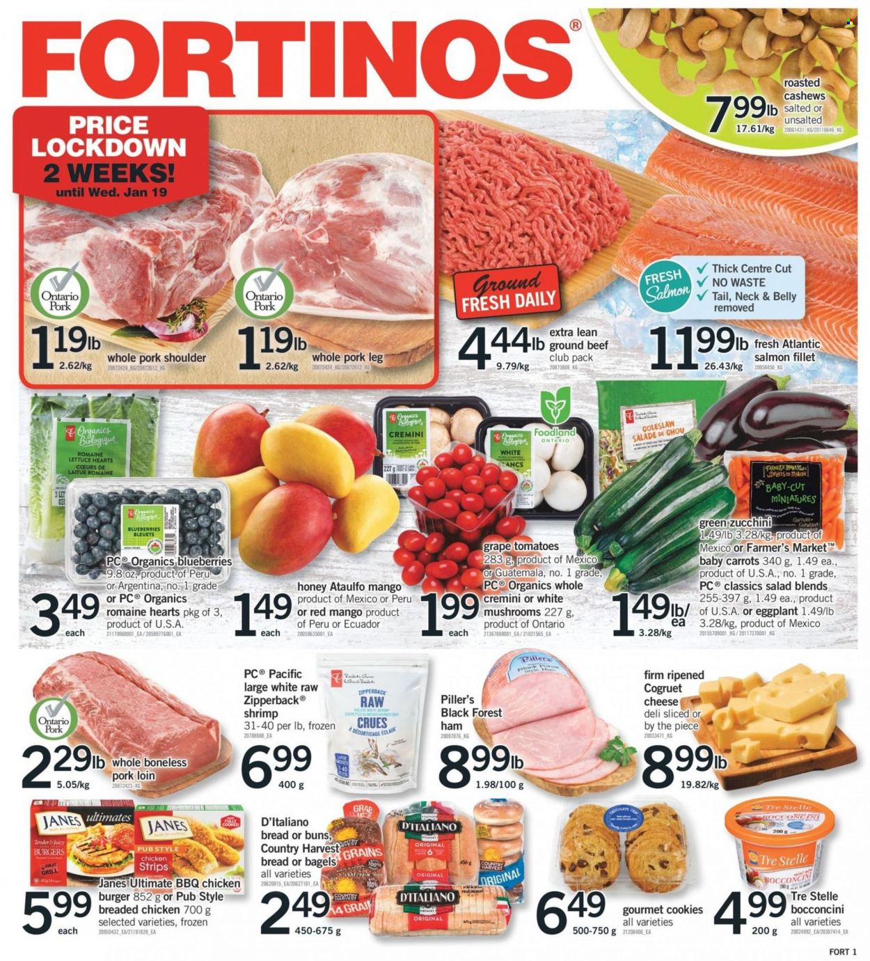 thumbnail - Fortinos Flyer - January 13, 2022 - January 19, 2022 - Sales products - mushrooms, bagels, bread, buns, carrots, tomatoes, zucchini, lettuce, salad, eggplant, blueberries, mango, salmon, salmon fillet, shrimps, coleslaw, hamburger, fried chicken, ham, bocconcini, cheese, Country Harvest, strips, cookies, honey, cashews, beef meat, ground beef, pork loin, pork meat, pork shoulder, pork leg, grill. Page 1.