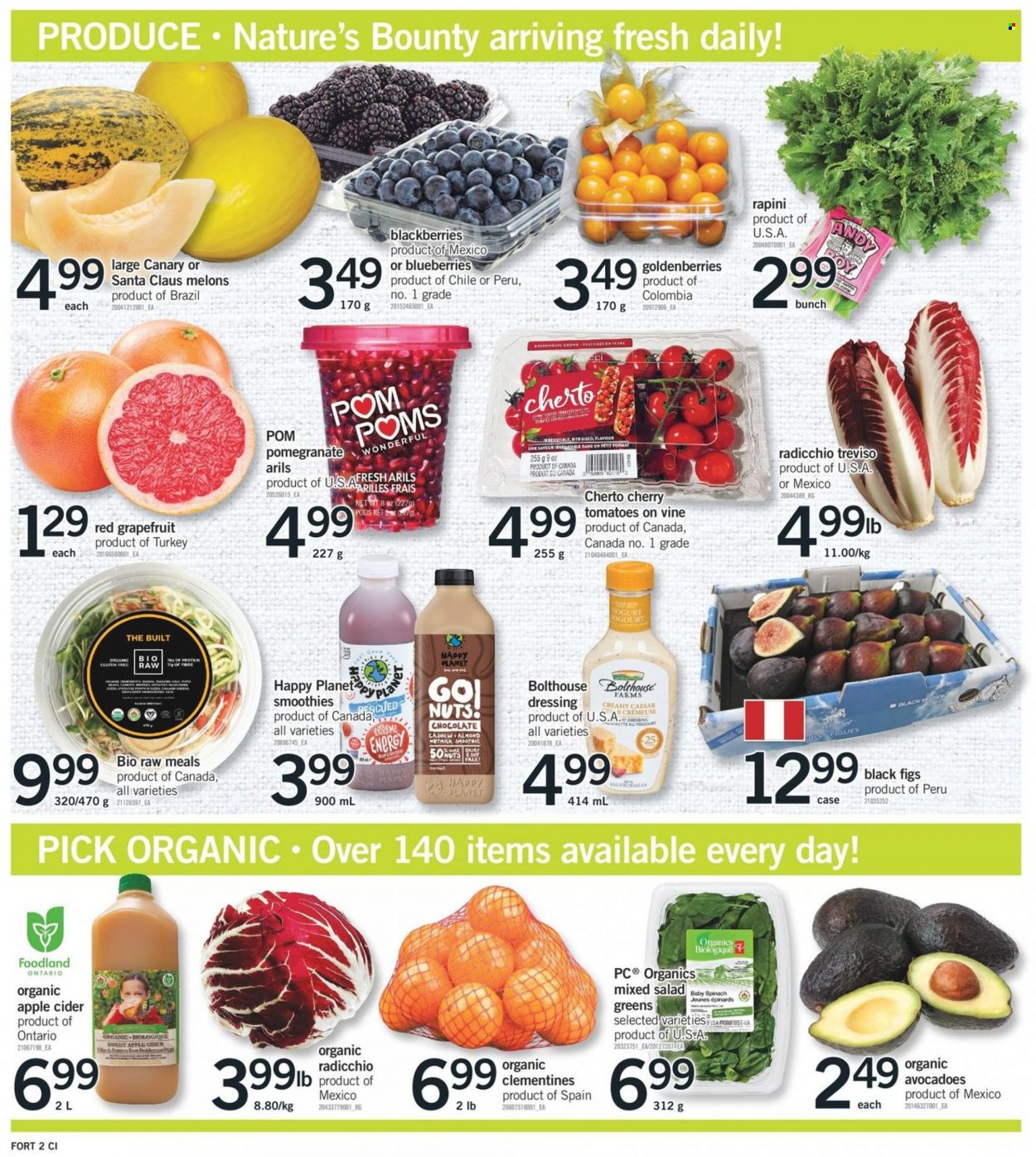 thumbnail - Fortinos Flyer - January 13, 2022 - January 19, 2022 - Sales products - spinach, tomatoes, salad, blackberries, blueberries, clementines, figs, grapefruits, melons, pomegranate, chocolate, Santa, dressing, smoothie, apple cider, cider, Santa Claus, Pom Poms, Nature's Bounty, radicchio. Page 3.