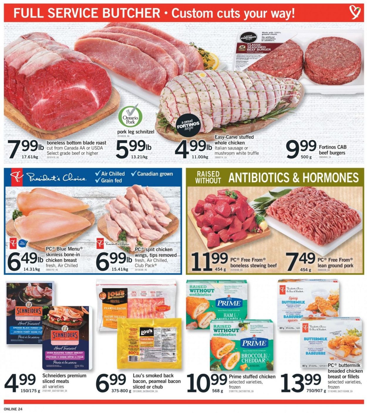 thumbnail - Fortinos Flyer - January 13, 2022 - January 19, 2022 - Sales products - mushrooms, broccoli, hamburger, fried chicken, schnitzel, beef burger, stuffed chicken, bacon, sausage, italian sausage, cheese, buttermilk, chicken wings, truffles, whole chicken, chicken, turkey, beef meat, ground chuck, stewing beef, ground pork, pork meat, pork leg. Page 5.