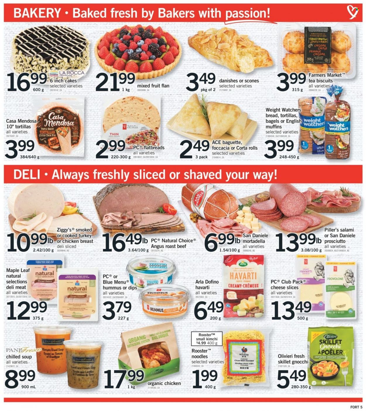 thumbnail - Fortinos Flyer - January 13, 2022 - January 19, 2022 - Sales products - bagels, tortillas, cake, Ace, muffin, pizza, chicken roast, soup, noodles, mortadella, salami, ham, prosciutto, tzatziki, hummus, sliced cheese, Havarti, cheddar, Provolone, Arla, biscuit, tea, Ron Pelicano, chicken breasts, chicken, beef meat, roast beef, Bakers, oven, baguette, gnocchi. Page 7.