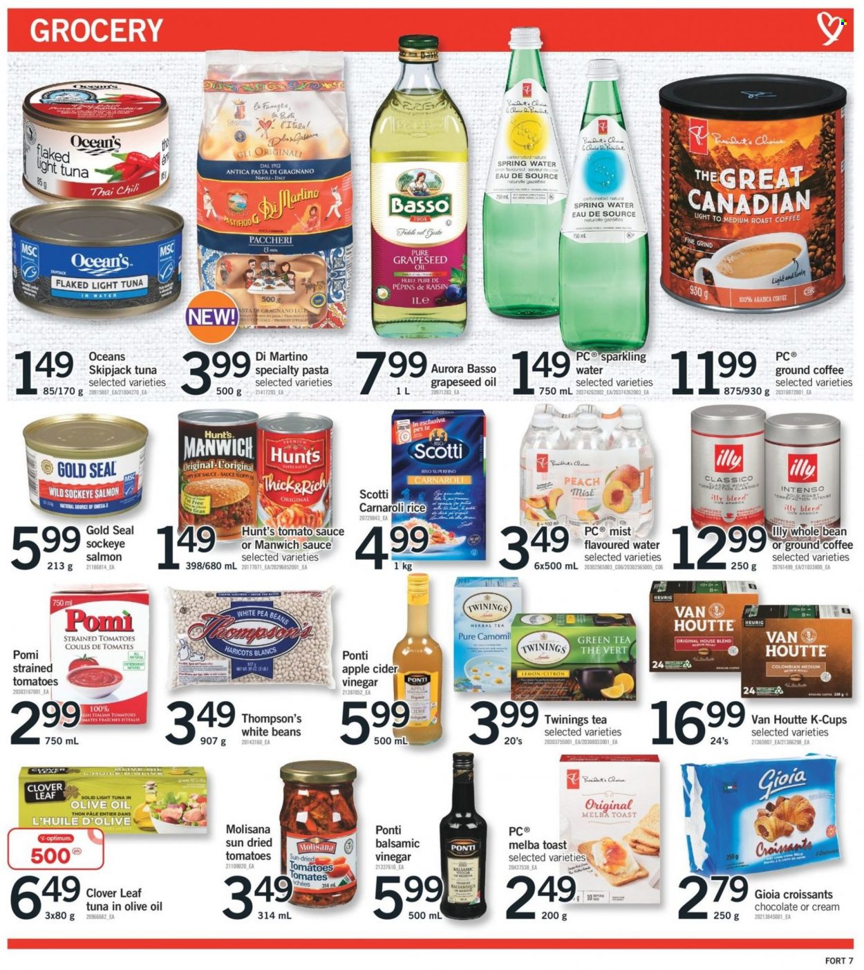 thumbnail - Fortinos Flyer - January 13, 2022 - January 19, 2022 - Sales products - croissant, salmon, tuna, pasta, sauce, Clover, chocolate, dried tomatoes, tomato sauce, light tuna, Manwich, rice, Classico, apple cider vinegar, balsamic vinegar, vinegar, grape seed oil, spring water, sparkling water, green tea, tea, herbal tea, Twinings, coffee, ground coffee, coffee capsules, Intenso, K-Cups, Keurig, Illy, Optimum, Thompson's. Page 9.