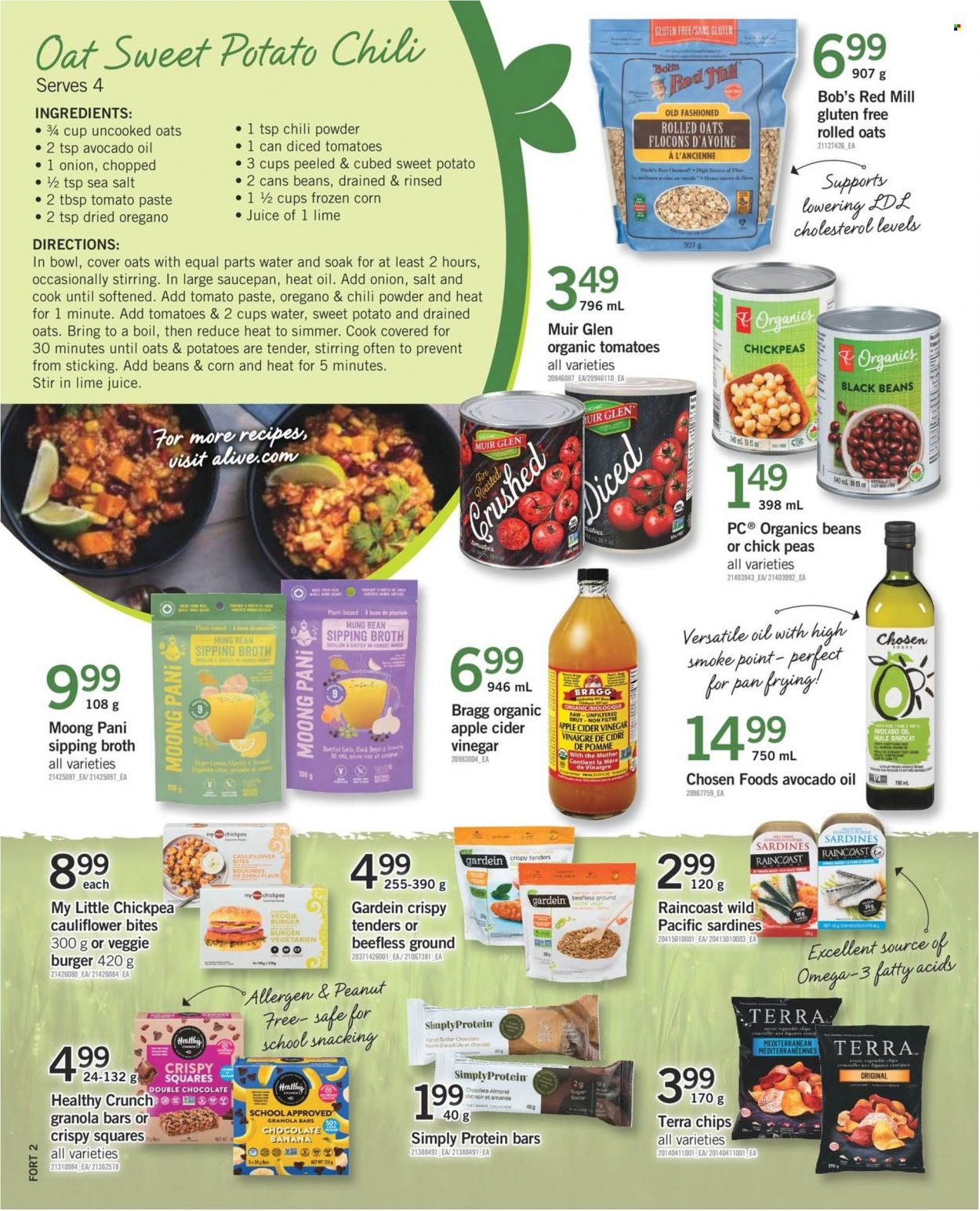 thumbnail - Fortinos Flyer - January 13, 2022 - January 19, 2022 - Sales products - sweet potato, potatoes, onion, sardines, veggie burger, butter, chocolate, sugar, broth, black beans, tomato paste, rolled oats, protein bar, granola bar, chickpeas, apple cider vinegar, avocado oil, oil, Brut, pan, saucepan, bowl, Omega-3. Page 11.