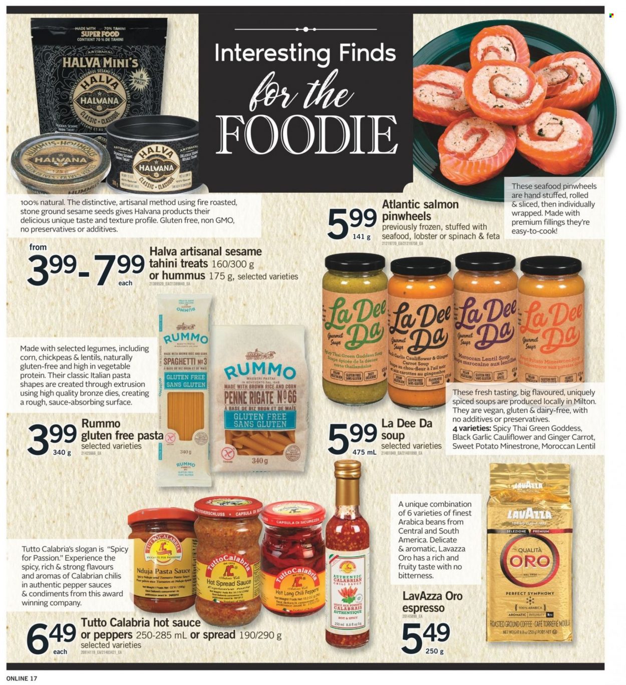 thumbnail - Fortinos Flyer - January 13, 2022 - January 19, 2022 - Sales products - sweet potato, chili peppers, lobster, salmon, seafood, spaghetti, pasta sauce, soup, hummus, lentils, brown rice, rice, chickpeas, penne, pepper, tahini, hot sauce, chilli sauce, coffee, arabica beans, ground coffee, Lavazza. Page 18.