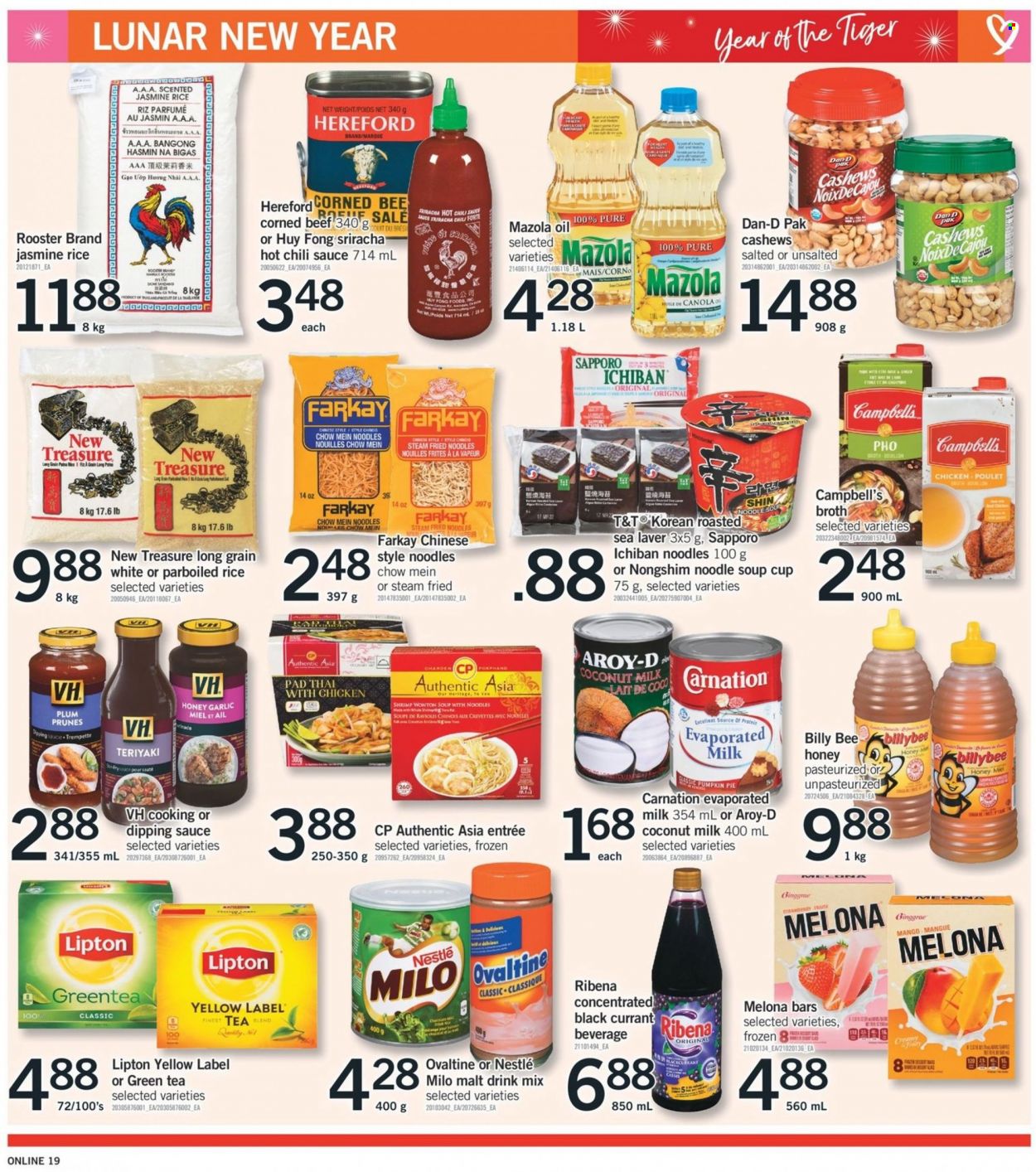 thumbnail - Fortinos Flyer - January 13, 2022 - January 19, 2022 - Sales products - pie, garlic, pumpkin, mango, shrimps, Campbell's, soup, sauce, noodles cup, corned beef, evaporated milk, Milo, broth, malt, coconut milk, Dan-D Pak, rice, jasmine rice, parboiled rice, sriracha, chilli sauce, oil, honey, cashews, prunes, dried fruit, green tea, gin, beef meat, cup, pin, Billy, Nestlé, LG, Lipton. Page 20.