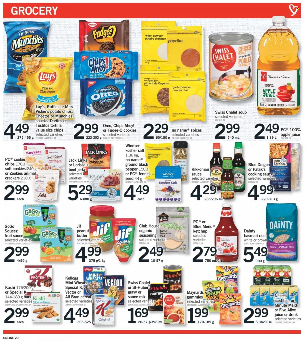thumbnail - Fortinos Flyer - January 13, 2022 - January 19, 2022 - Sales products - tortillas, No Name, soup, noodles, beef jerky, jerky, cookies, fudge, milk chocolate, snack, crackers, Kellogg's, peanut butter cups, Chips Ahoy!, Doritos, potato chips, Cheetos, Lay’s, Ruffles, Tostitos, Jack Link's, cereals, All-Bran, basmati rice, rice, fennel, spice, garlic powder, onion powder, Kikkoman, peanut butter, Jif, apple juice, juice, ice tea, fruit punch, cup, plant seeds, Oreo, quinoa, ketchup, chips. Page 21.