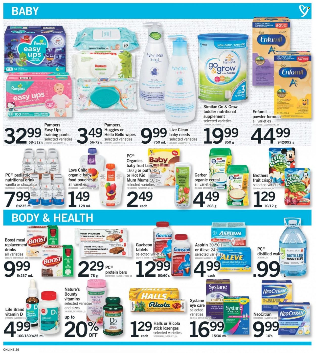 thumbnail - Fortinos Flyer - January 13, 2022 - January 19, 2022 - Sales products - puffs, butter, fudge, Ricola, Halls, Gerber, cereals, protein bar, Boost, BROTHERS, Enfamil, Similac, organic baby food, wipes, pants, baby pants, Mum, underwear, distilled water, Aleve, Nature's Bounty, Gaviscon, vitamin D3, Low Dose, aspirin, shampoo, Systane, Huggies, Pampers. Page 27.