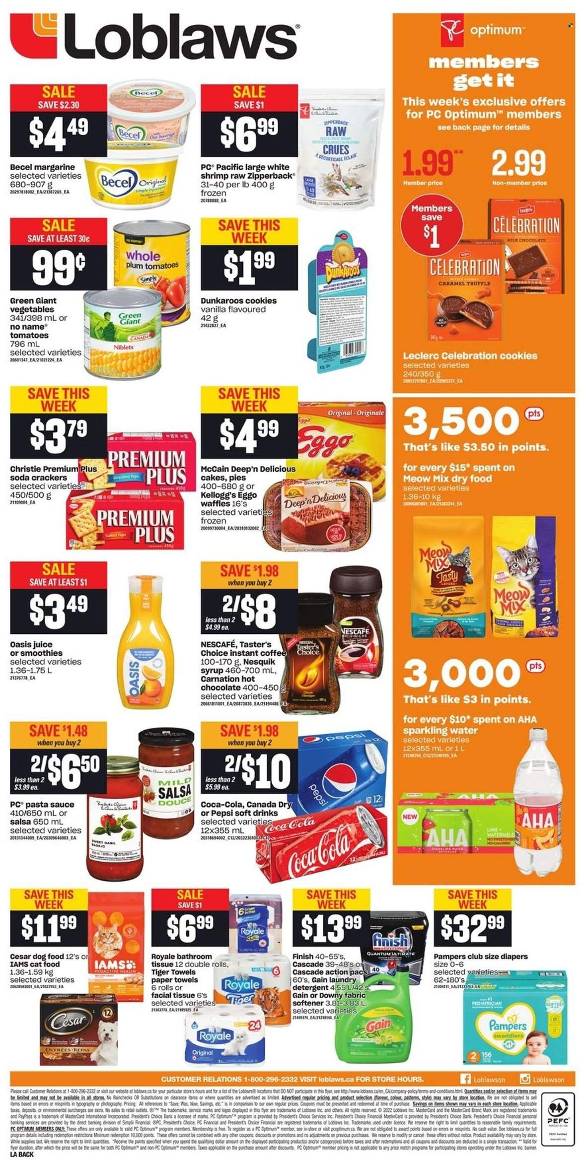 thumbnail - Loblaws Flyer - January 13, 2022 - January 19, 2022 - Sales products - cake, waffles, tomatoes, shrimps, No Name, pasta sauce, sauce, Président, margarine, McCain, cookies, truffles, Celebration, crackers, Kellogg's, salsa, syrup, Canada Dry, Coca-Cola, Pepsi, juice, soft drink, soda, sparkling water, hot chocolate, instant coffee, nappies, bath tissue, kitchen towels, paper towels, Gain, fabric softener, laundry detergent, Cascade, Downy Laundry, animal food, cat food, dog food, Optimum, Meow Mix, Iams, Nesquik, detergent, Pampers, Nescafé. Page 2.