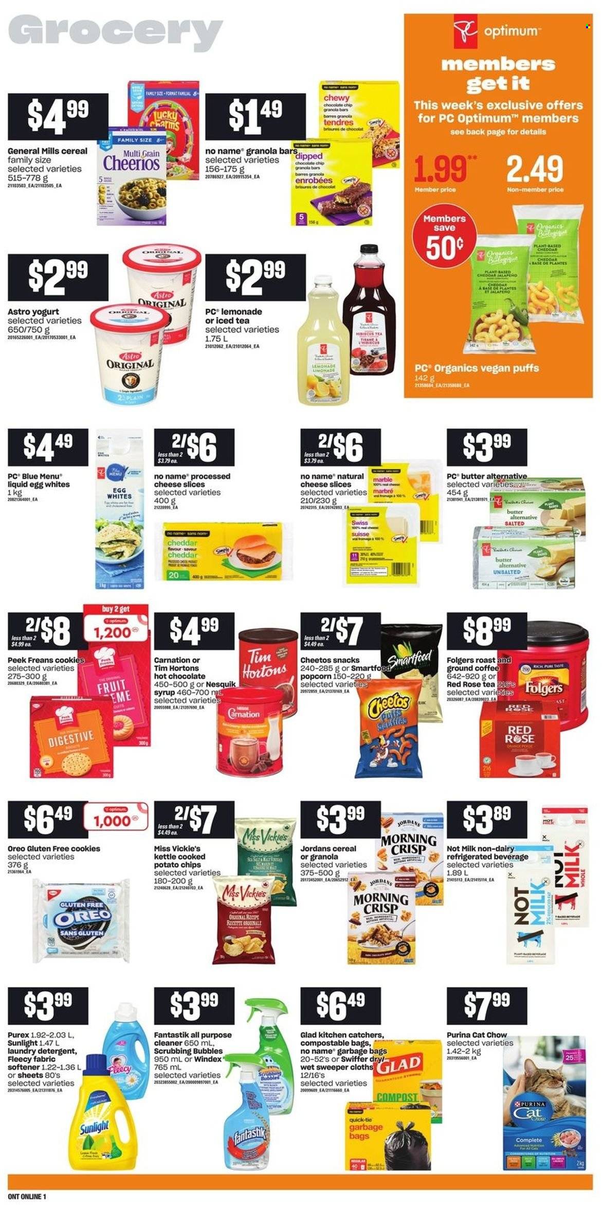thumbnail - Loblaws Flyer - January 13, 2022 - January 19, 2022 - Sales products - puffs, jalapeño, No Name, sliced cheese, cheese, yoghurt, milk, eggs, butter, cookies, snack, Digestive, potato chips, Cheetos, Smartfood, popcorn, cereals, Cheerios, granola bar, syrup, lemonade, ice tea, hot chocolate, coffee, Folgers, ground coffee, wine, rosé wine, Windex, Scrubbing Bubbles, cleaner, all purpose cleaner, Swiffer, fabric softener, laundry detergent, Sunlight, Purex, bag, Purina, Optimum, Oreo, Nesquik, detergent, chips. Page 5.