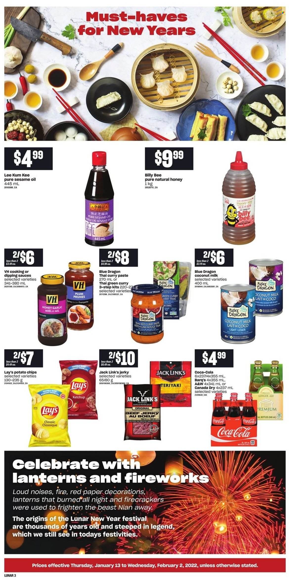 thumbnail - Loblaws Flyer - January 13, 2022 - February 02, 2022 - Sales products - garlic, red curry, beef jerky, jerky, potato chips, Lay’s, Jack Link's, coconut milk, curry paste, Lee Kum Kee, sesame oil, oil, honey, prunes, dried fruit, Canada Dry, Coca-Cola, ginger ale, A&W, ketchup, chips. Page 3.