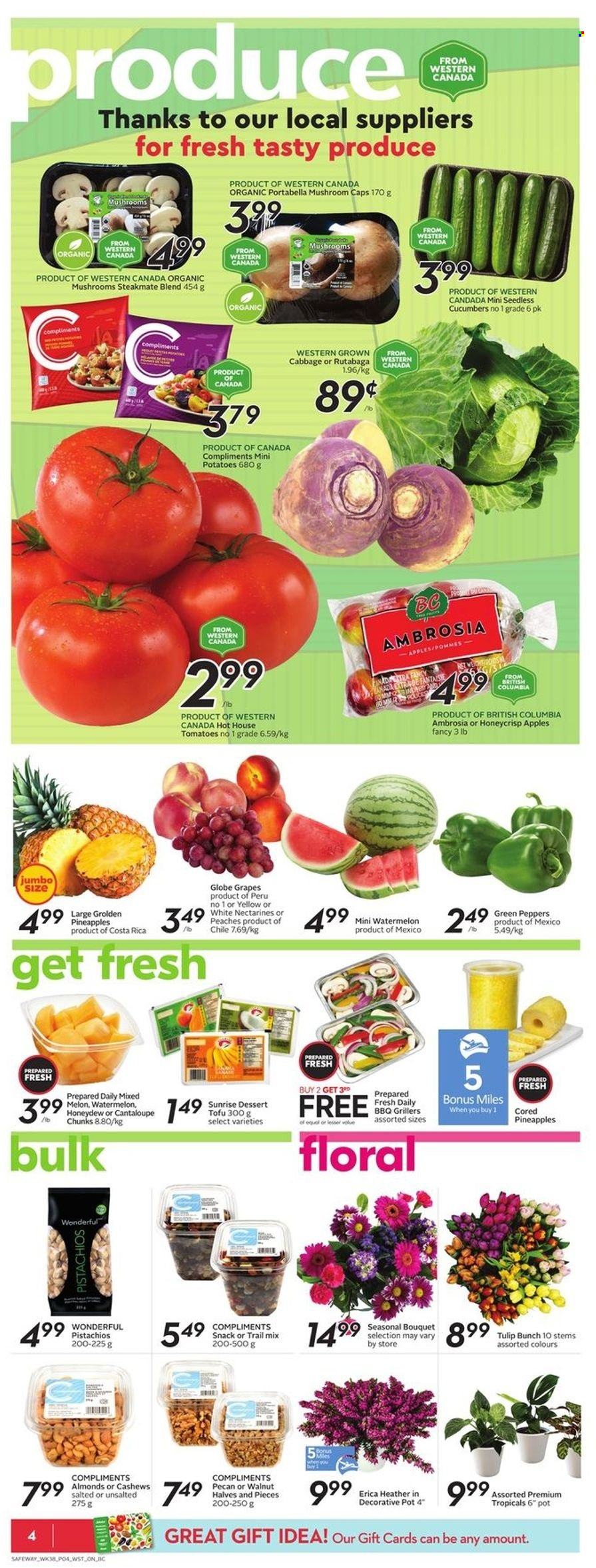 thumbnail - Safeway Flyer - January 13, 2022 - January 19, 2022 - Sales products - mushrooms, cucumber, tomatoes, potatoes, peppers, apples, grapes, nectarines, watermelon, honeydew, pineapple, melons, peaches, tofu, snack, almonds, cashews, walnuts, pistachios, trail mix, pot, bouquet, rutabaga. Page 5.