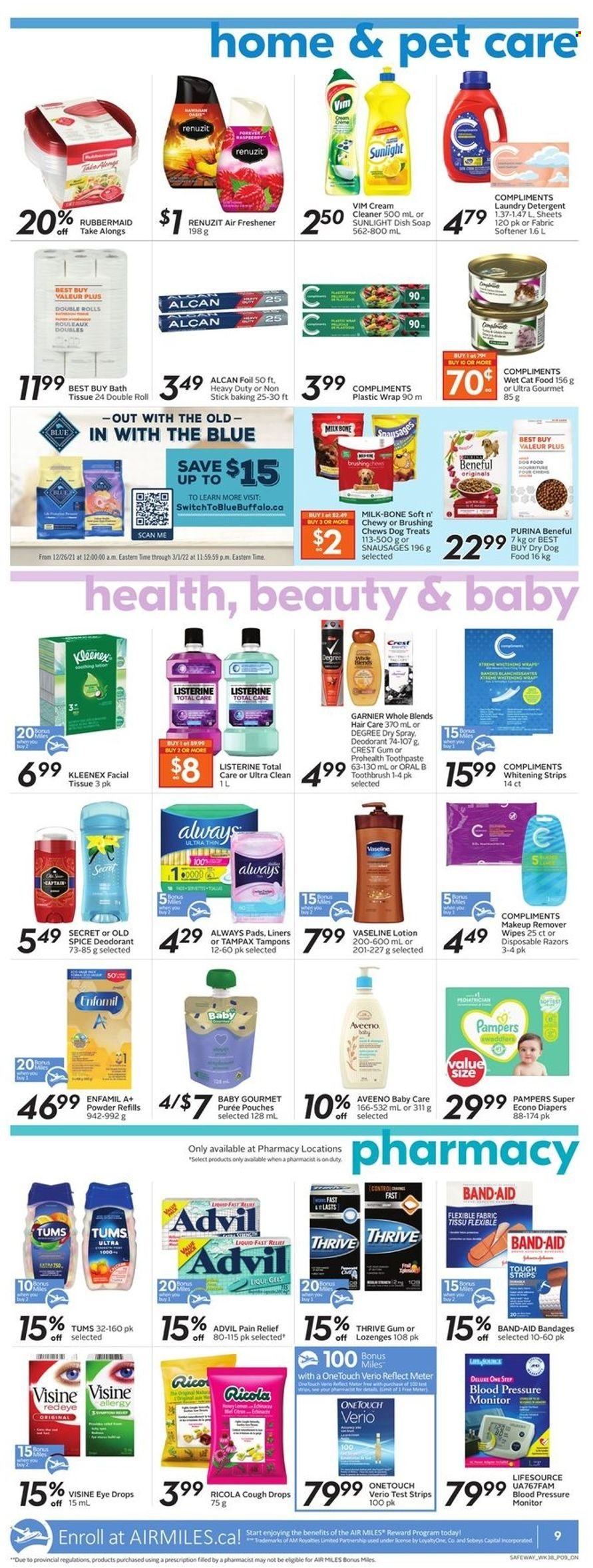thumbnail - Safeway Flyer - January 13, 2022 - January 19, 2022 - Sales products - milk, Ricola, chewing gum, spice, Enfamil, baby food pouch, wipes, nappies, Aveeno, bath tissue, Kleenex, cream cleaner, cleaner, fabric softener, laundry detergent, Sunlight, Vaseline, soap, toothbrush, toothpaste, Crest, Always pads, tampons, body lotion, anti-perspirant, disposable razor, makeup remover, animal food, cat food, dog food, Purina, dry dog food, wet cat food, pain relief, eye drops, Advil Rapid, cough drops, pressure monitor, band-aid, detergent, Garnier, Listerine, Tampax, Pampers, Old Spice, Oral-B, deodorant. Page 10.