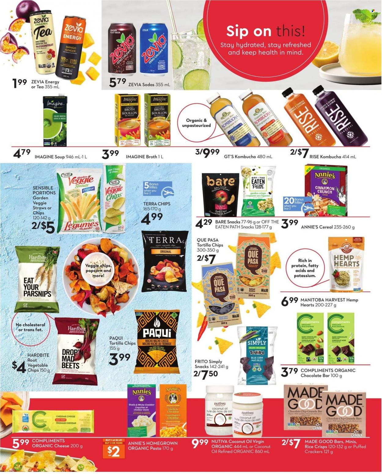 thumbnail - Safeway Flyer - January 13, 2022 - January 19, 2022 - Sales products - broccoli, corn, ginger, parsnips, soup, pasta, Annie's, cheese, sour cream, snack, crackers, dark chocolate, chocolate bar, tortilla chips, popcorn, vegetable chips, Veggie Straws, rice crisps, bouillon, sugar, chicken broth, broth, cereals, granola bar, rice, cinnamon, coconut oil, oil, soda, kombucha, tea, beer, chips. Page 17.
