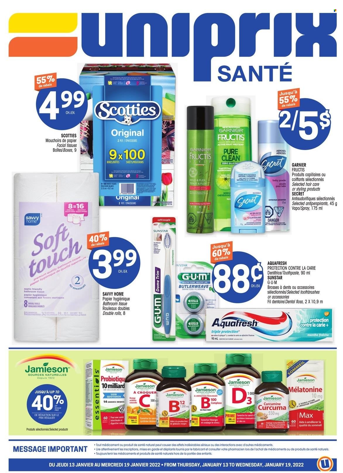 thumbnail - Uniprix Santé Flyer - January 13, 2022 - January 19, 2022 - Sales products - Digestive, baby powder, bath tissue, toothpaste, facial tissues, Fructis, Garnier. Page 1.