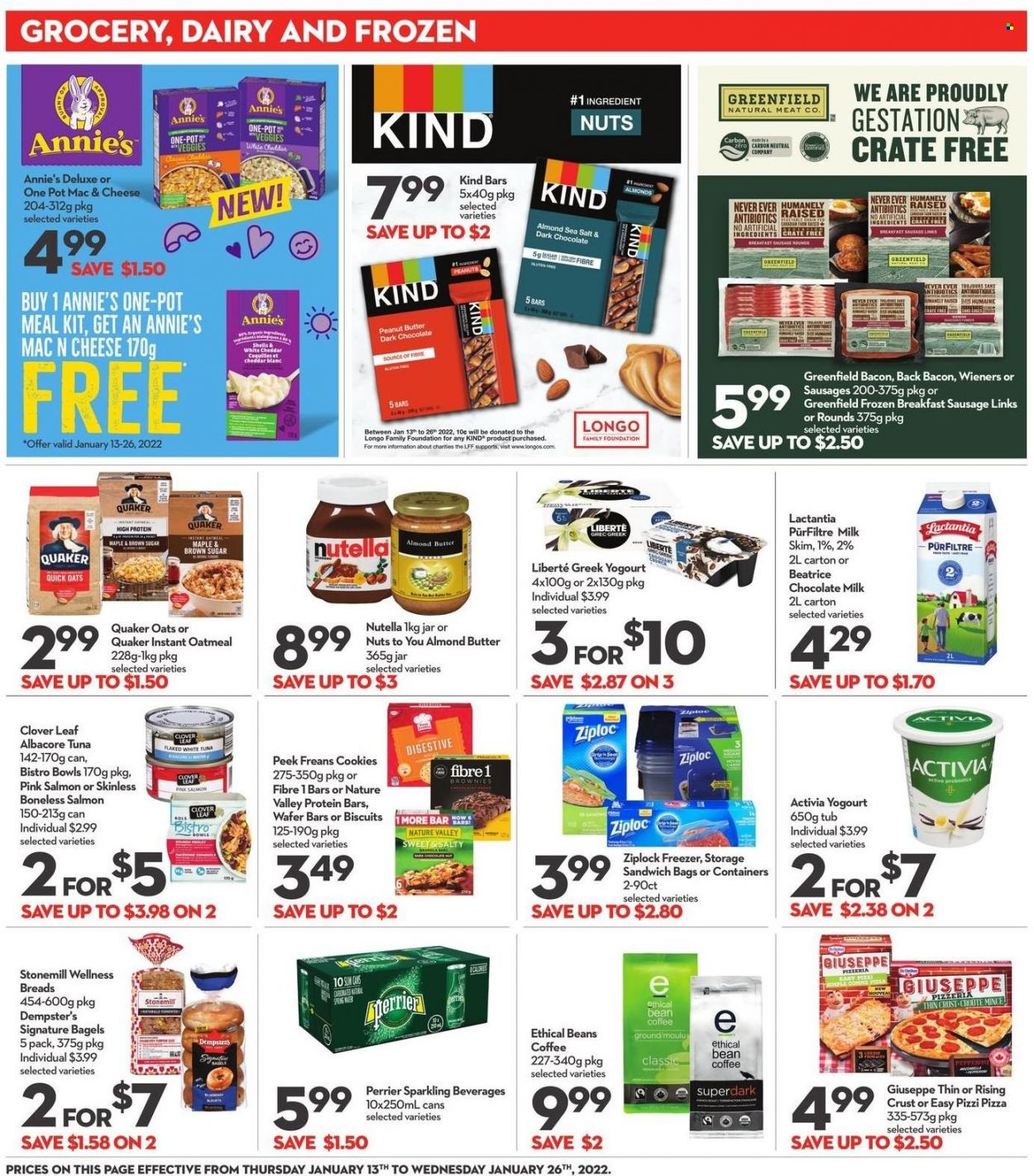 thumbnail - Longo's Flyer - January 13, 2022 - January 26, 2022 - Sales products - bagels, brownies, salmon, tuna, pizza, Quaker, Annie's, bacon, sausage, cheddar, Clover, Activia, milk, almond butter, cookies, milk chocolate, wafers, chocolate, biscuit, dark chocolate, Digestive, oatmeal, oats, protein bar, Nature Valley, peanut butter, Perrier, coffee, Ziploc, Nutella. Page 11.