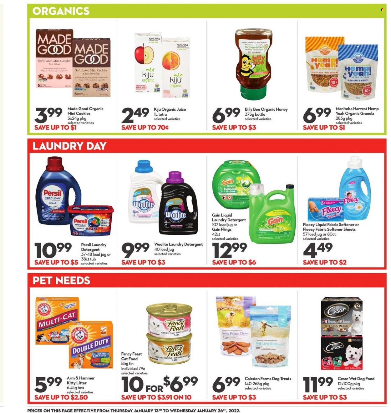thumbnail - Longo's Flyer - January 13, 2022 - January 26, 2022 - Sales products - sweet potato, Ola, cookies, chewing gum, ARM & HAMMER, honey, juice, beef liver, beef meat, Gain, Woolite, Persil, fabric softener, laundry detergent, detergent, granola. Page 16.