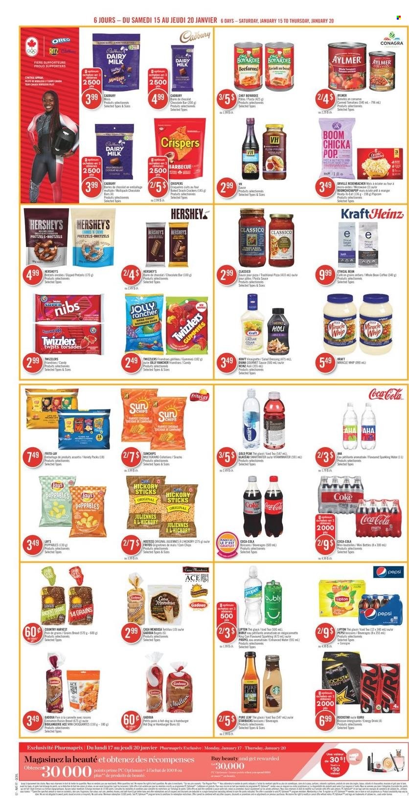 thumbnail - Pharmaprix Flyer - January 15, 2022 - January 20, 2022 - Sales products - bread, pretzels, cake, Ace, salad, pasta, Kraft®, Miracle Whip, Hershey's, crackers, Cadbury, Dairy Milk, RITZ, chocolate bar, Fritos, Lay’s, Frito-Lay, canned tomatoes, Classico, Coca-Cola, Pepsi, Rockstar, tea, Pure Leaf, Starbucks, pen, Oreo, Heinz, Lipton. Page 14.