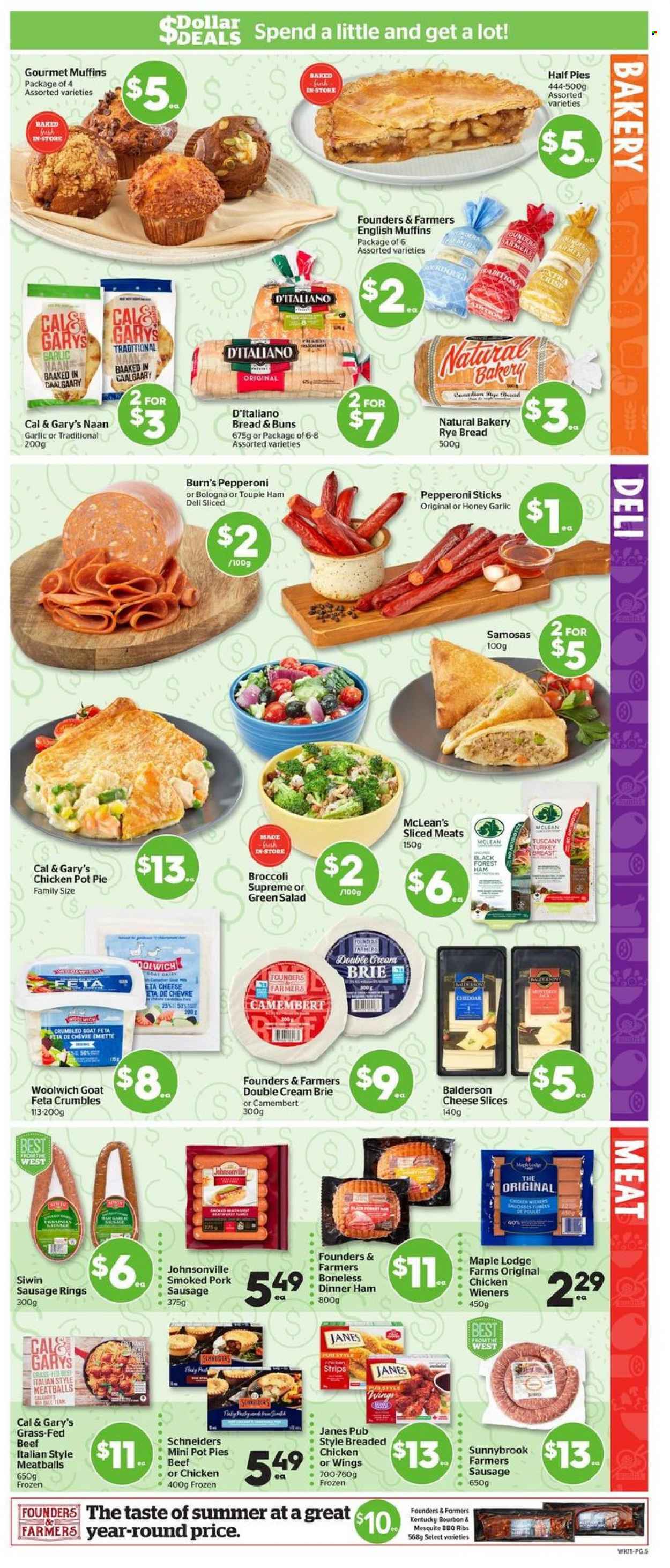 thumbnail - Calgary Co-op Flyer - January 13, 2022 - January 19, 2022 - Sales products - bread, english muffins, pie, buns, pot pie, broccoli, garlic, meatballs, fried chicken, ham, bologna sausage, Johnsonville, sausage, pork sausage, pepperoni, sliced cheese, cheese, brie, feta, strips, chicken strips, bourbon, turkey breast, turkey, camembert. Page 6.