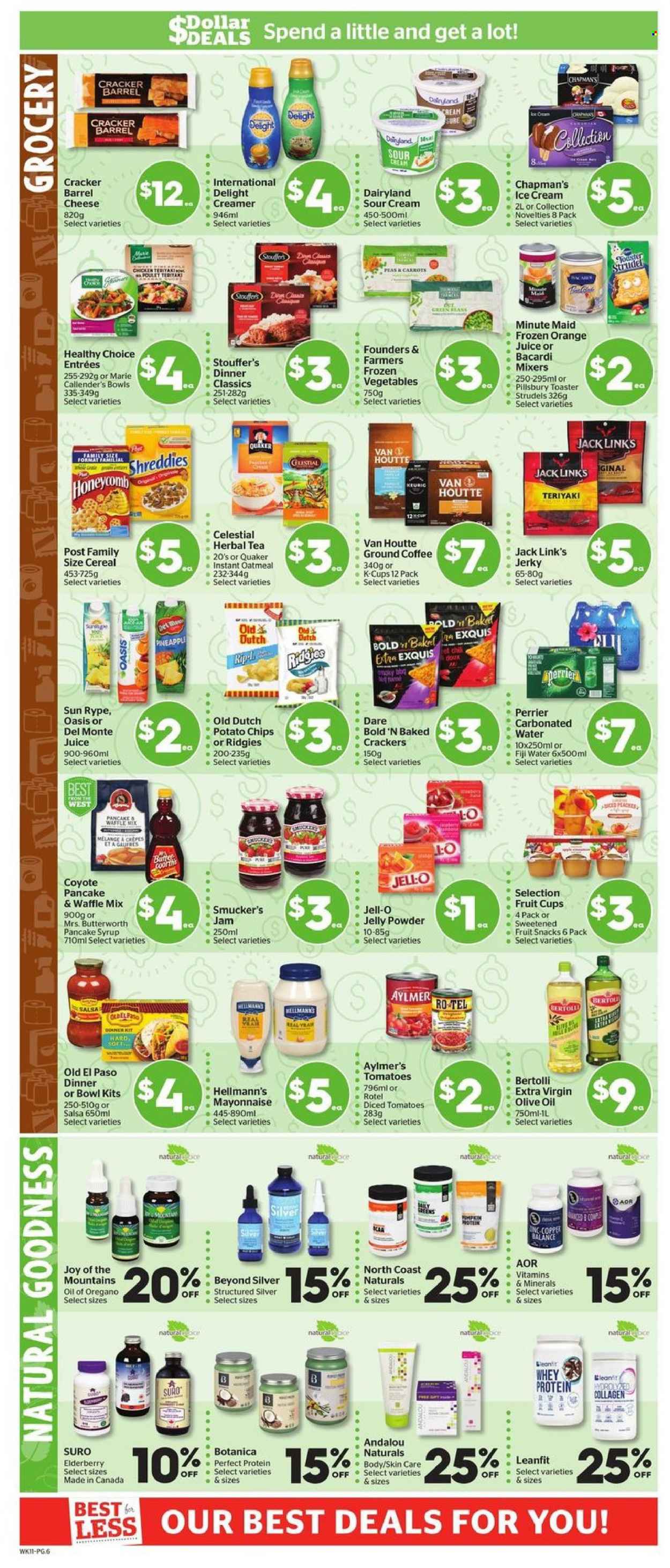 thumbnail - Calgary Co-op Flyer - January 13, 2022 - January 19, 2022 - Sales products - strudel, Old El Paso, carrots, tomatoes, fruit cup, Pillsbury, Quaker, Healthy Choice, Marie Callender's, Bertolli, jerky, cheese, sour cream, creamer, mayonnaise, Hellmann’s, ice cream, frozen vegetables, Stouffer's, jelly, crackers, fruit snack, potato chips, Jack Link's, oatmeal, Jell-O, cereals, salsa, extra virgin olive oil, olive oil, oil, fruit jam, pancake syrup, syrup, orange juice, juice, Perrier, fruit punch, tea, herbal tea, coffee, ground coffee, coffee capsules, K-Cups, Keurig, Bacardi, Joy, Sure, bowl, whey protein. Page 7.